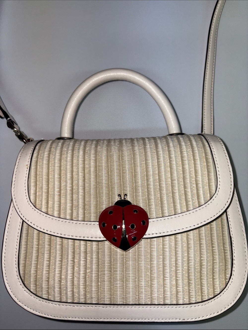 kate spade Cream Straw Top-Handle Satchel with Red Ladybug Clasp (9x7 inches)